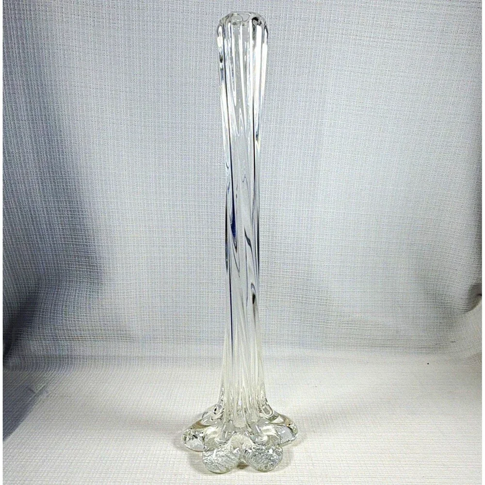 Vintage Clear Swirl Glass Bud Vase Hand Blown Flower Base 11.5